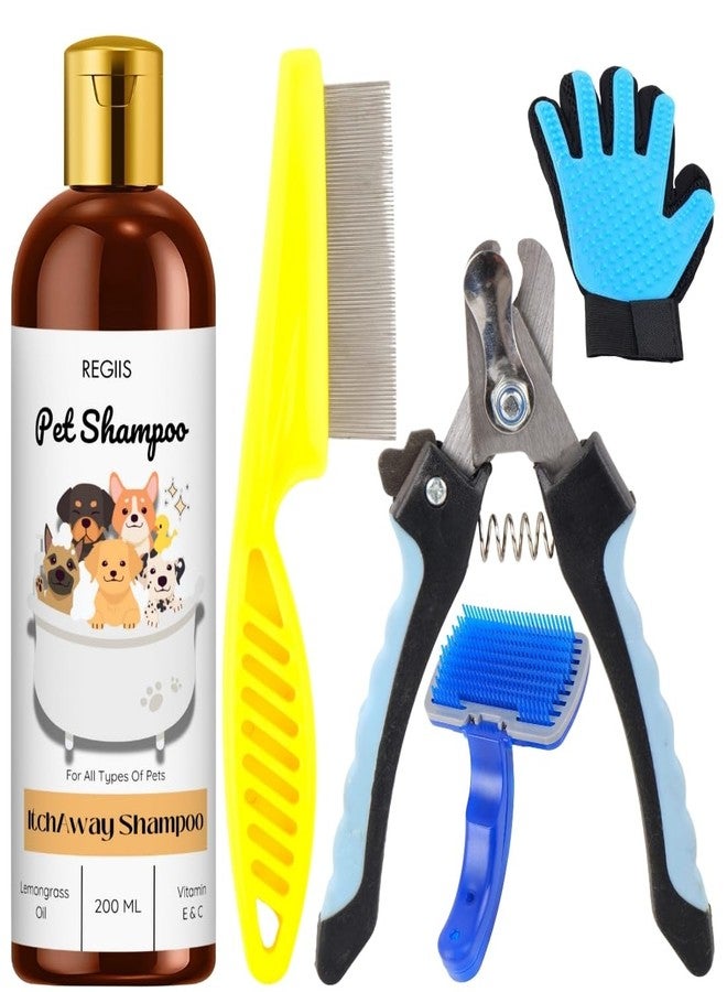 REGIIS Pet Grooming Kit with Shampoo, Nail Clipper, Comb, Brush, Deshedding Glove, 5 Pieces Dog Grooming Set for All Types of Pets, 200 ML(5 PACK)